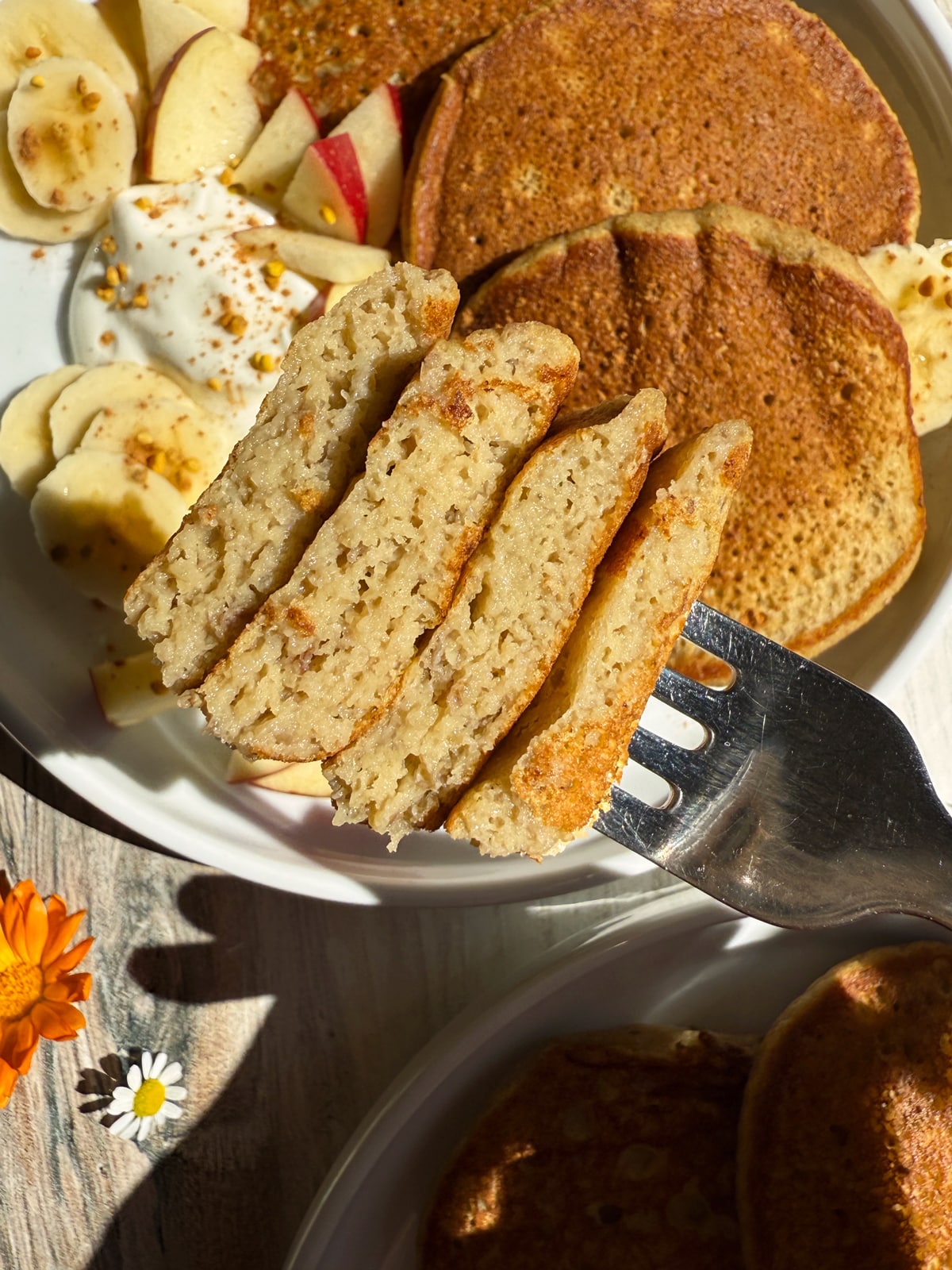 Cut pancakes to show the inside texture.