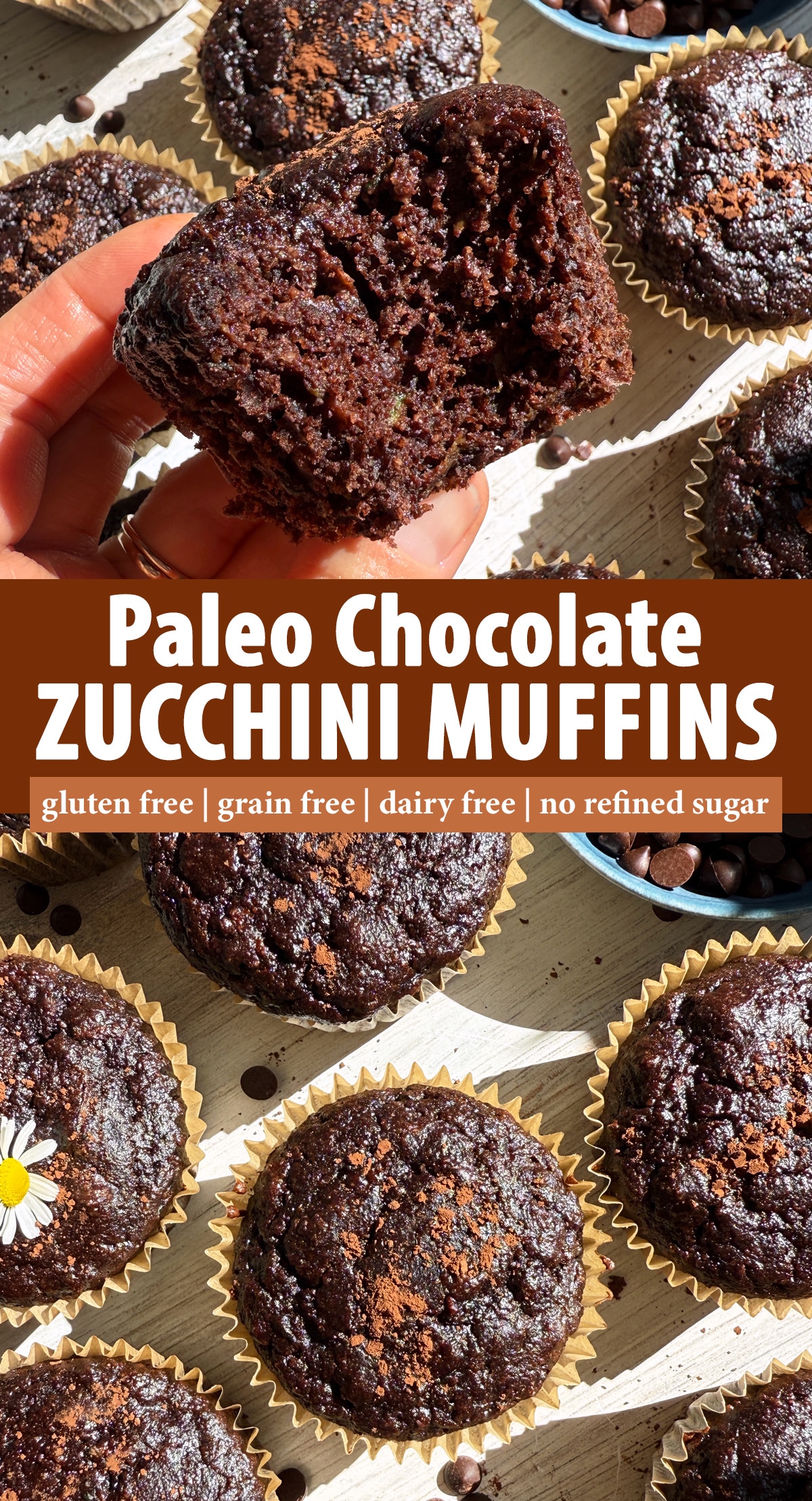 Pinterest image for paleo chocolate zucchini muffins.