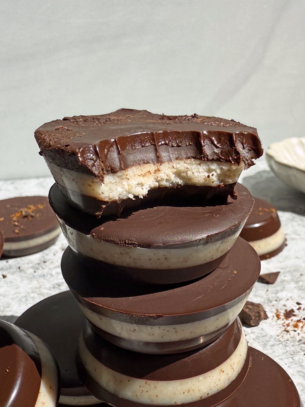 Bite of a coconut butter cup to show the texture.