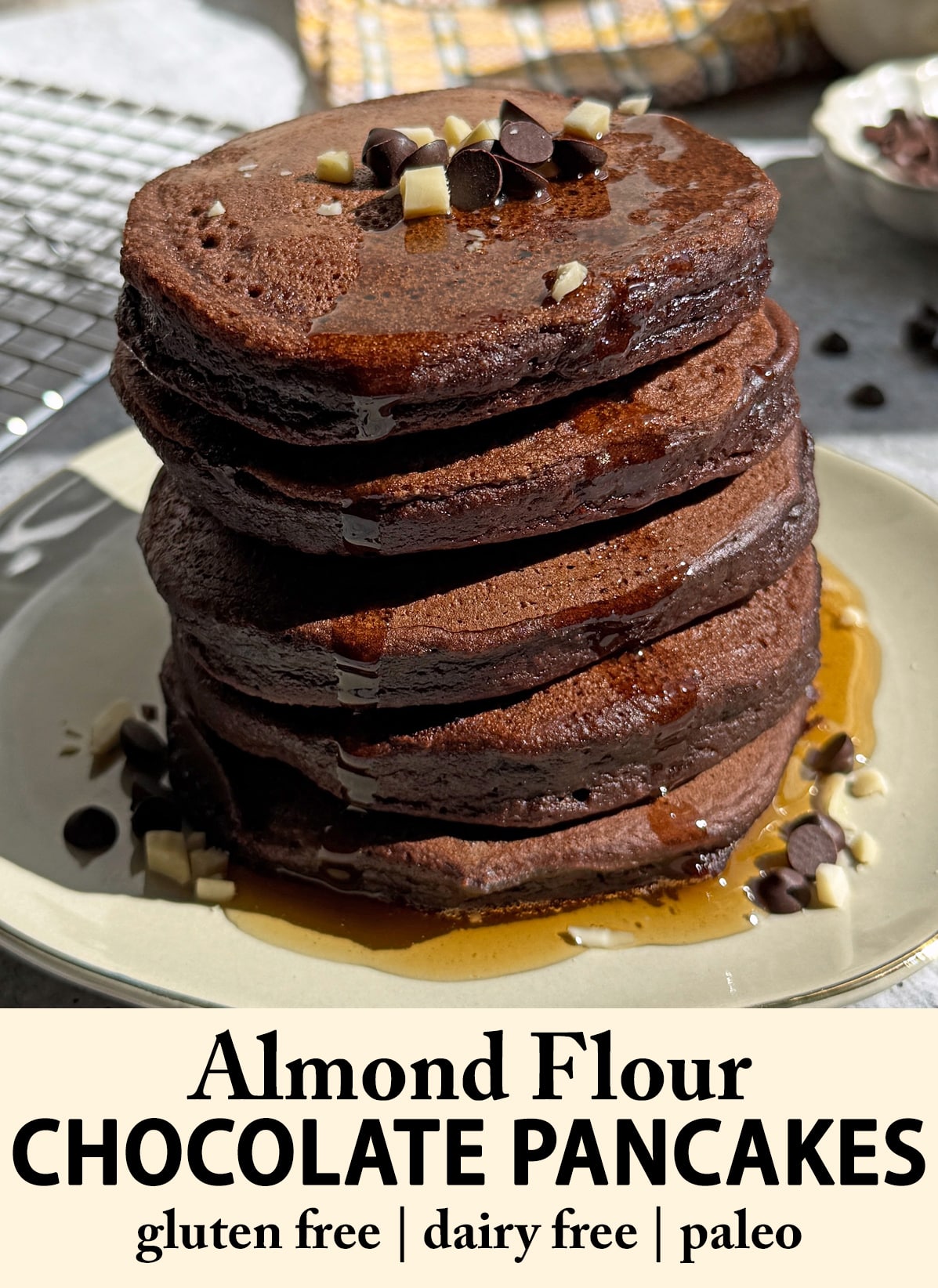 Pinterest image for almond flour chocolate pancakes.