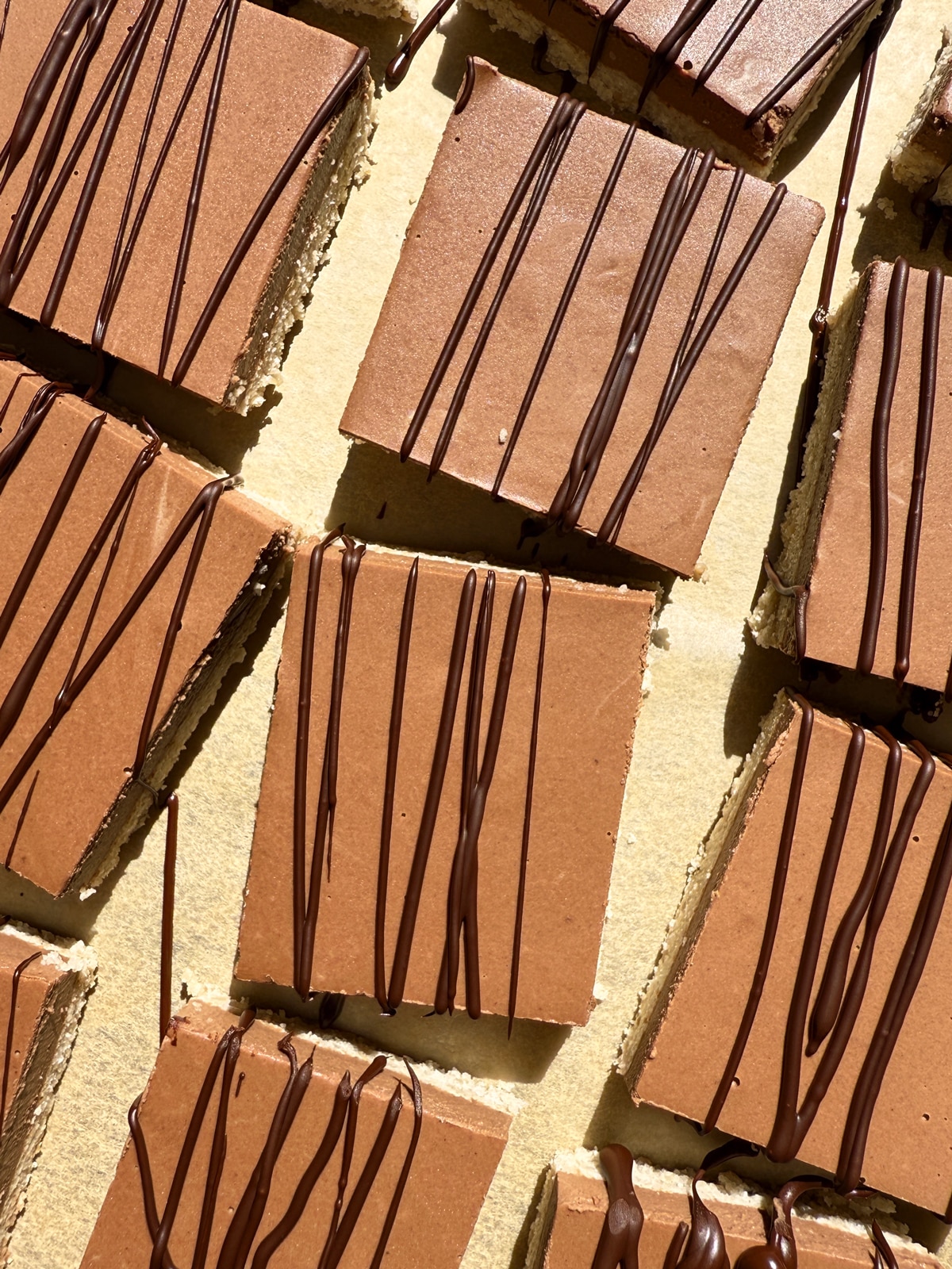 Top view of bars that have been cut and drizzled with chocolate.