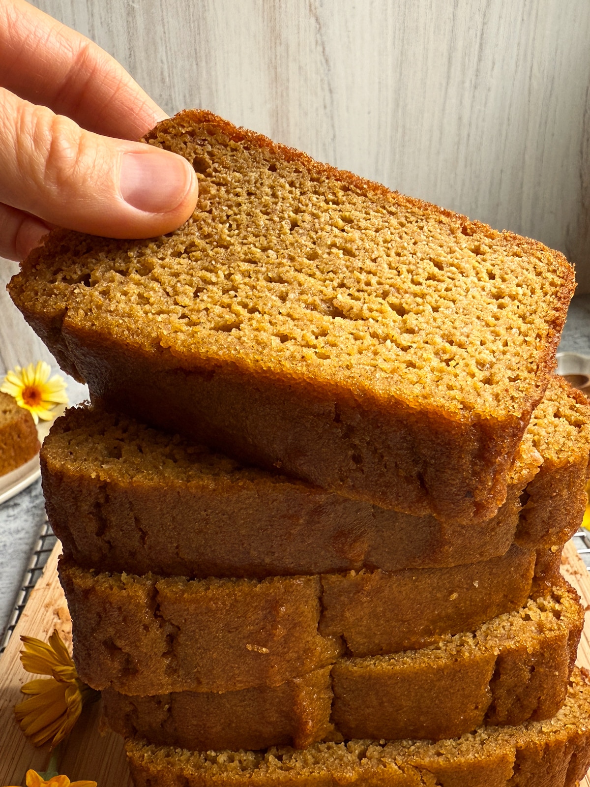 Grabbing a slice of pumpkin bread from a stack.