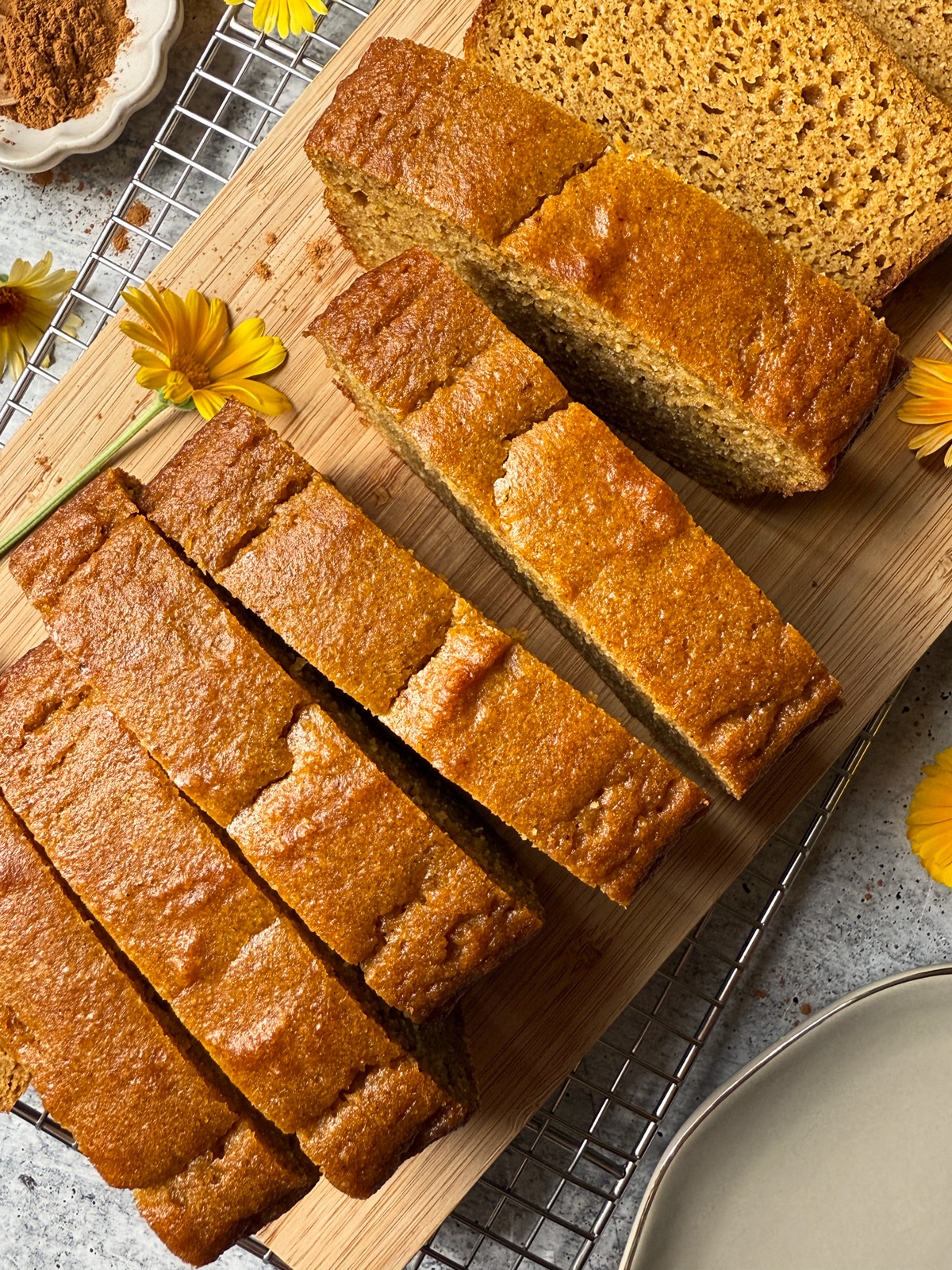 Slices standing up on cutting board.