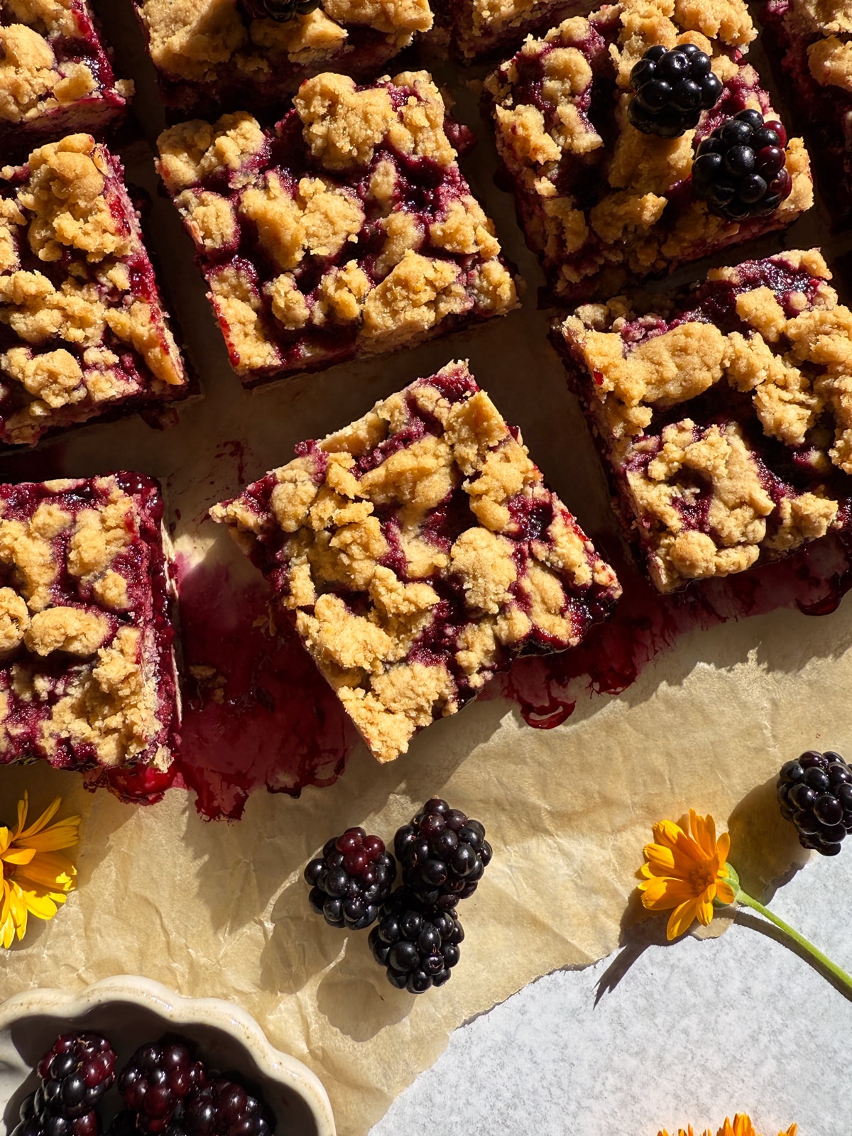 Top view of blackberry crumb bars.