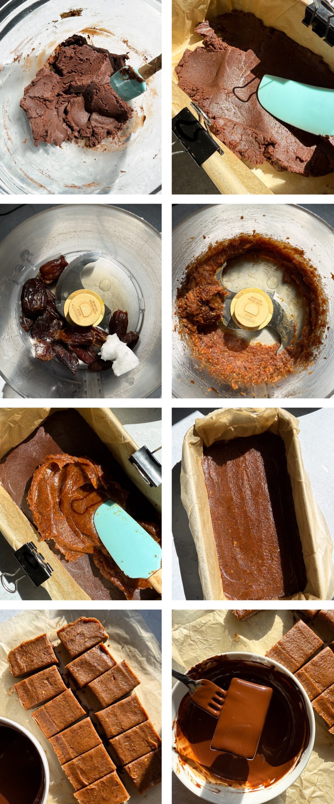 How to make homemade chocolate caramel protein bars, layer by layer.