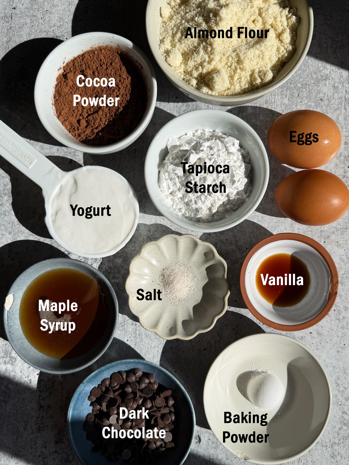 Ingredients needed to make chocolate almond flour pancakes.