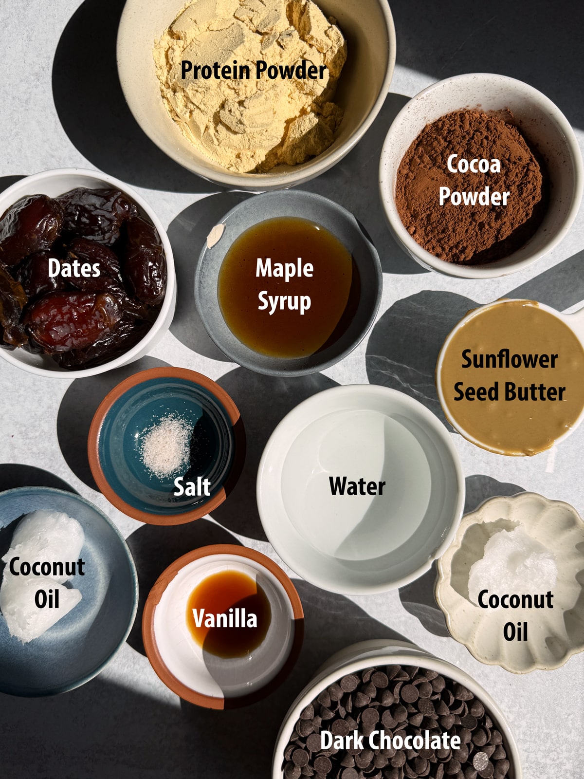 Ingredients needed to make chocolate caramel protein bars.