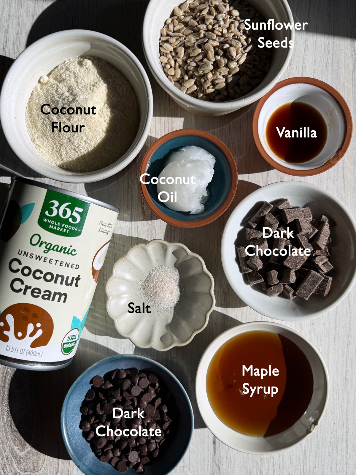 Ingredients in dark chocolate coconut cream bars.