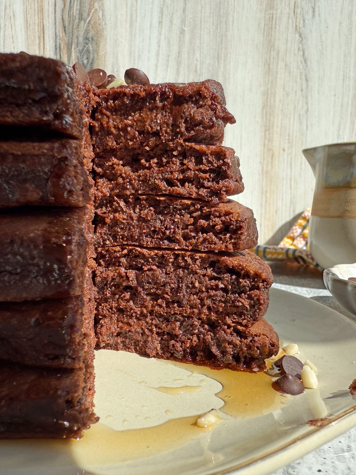 Cut pancakes to show inner texture.