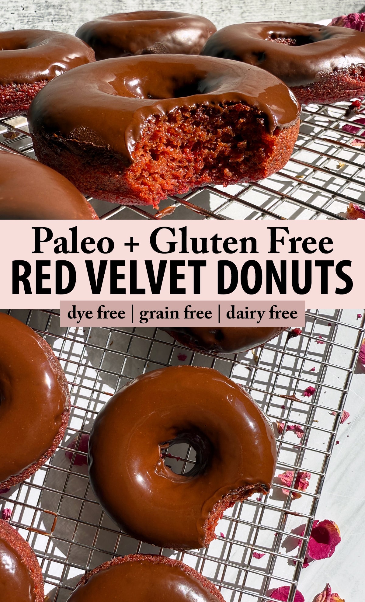Pinterest image for paleo gluten free red velvet donuts.