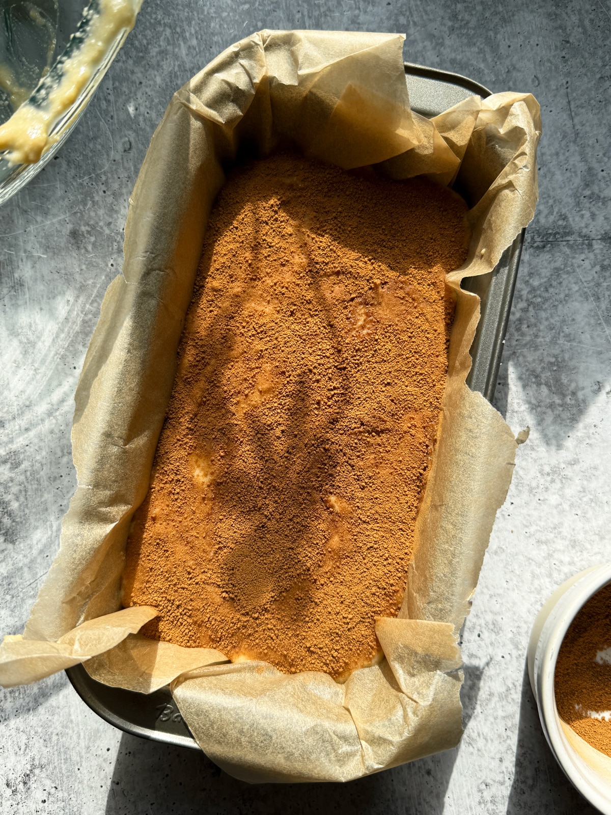 Batter in loaf pan, ready to bake in the oven.