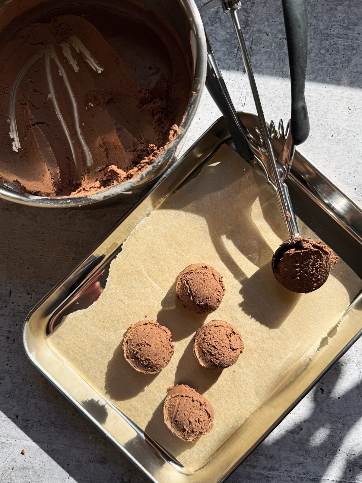 Scooping the chilled filling.