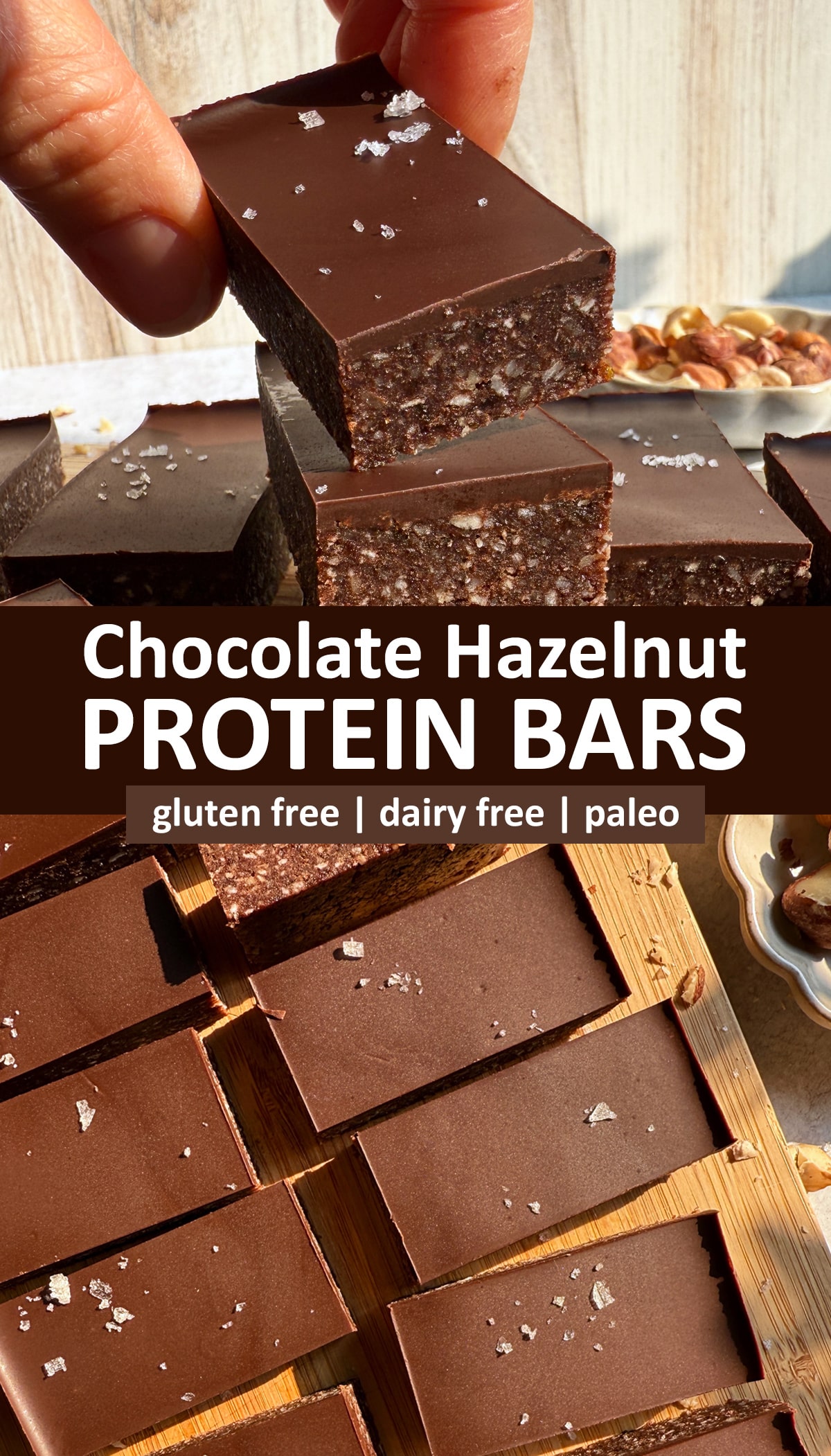 Pinterest image for chocolate hazelnut protein bars.