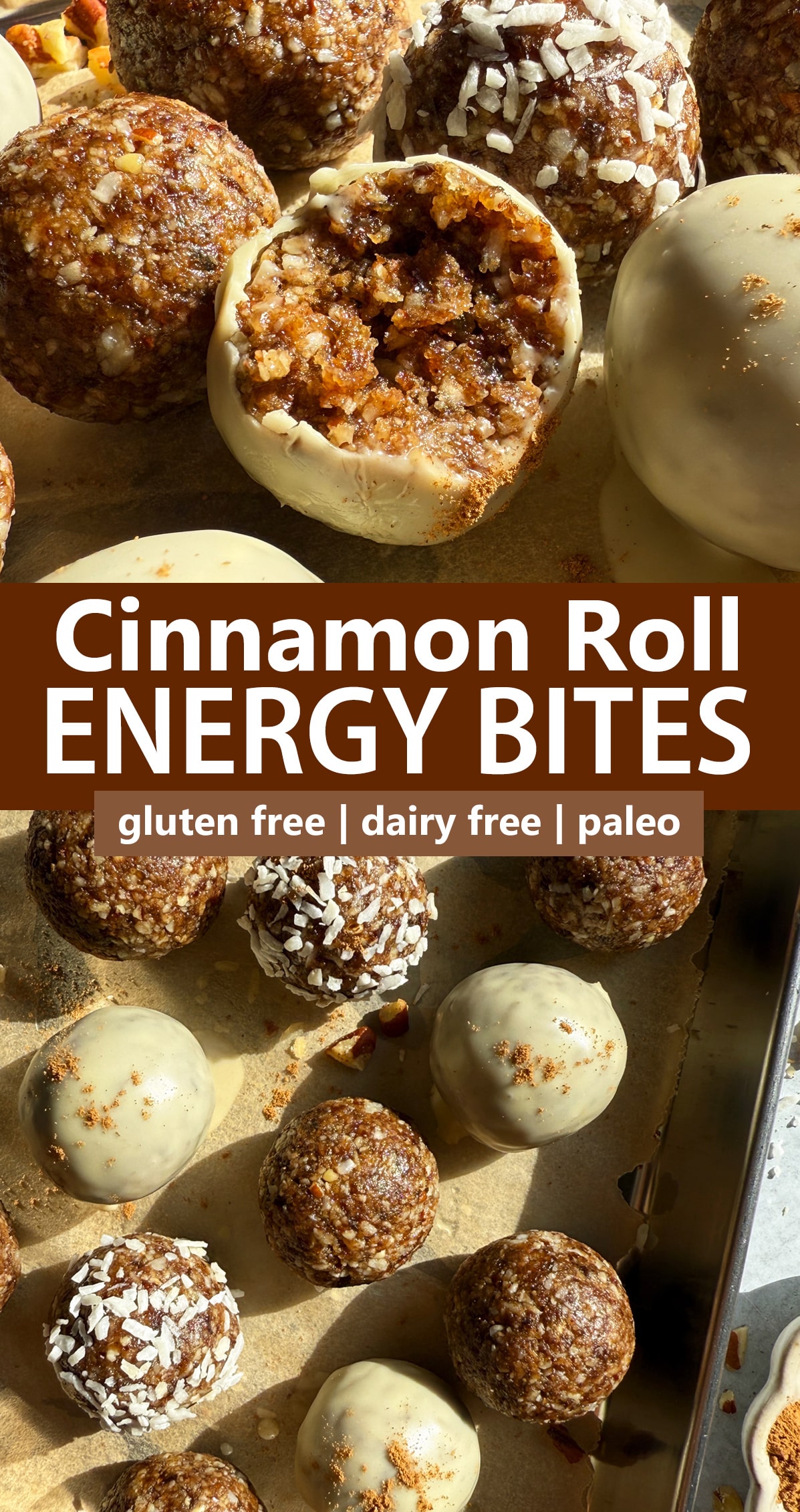 Pinterest image for cinnamon roll energy bites.