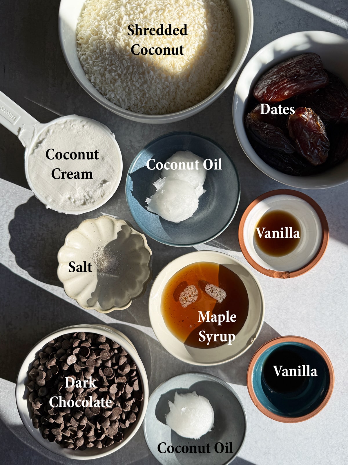 Ingredients in coconut caramel bars.