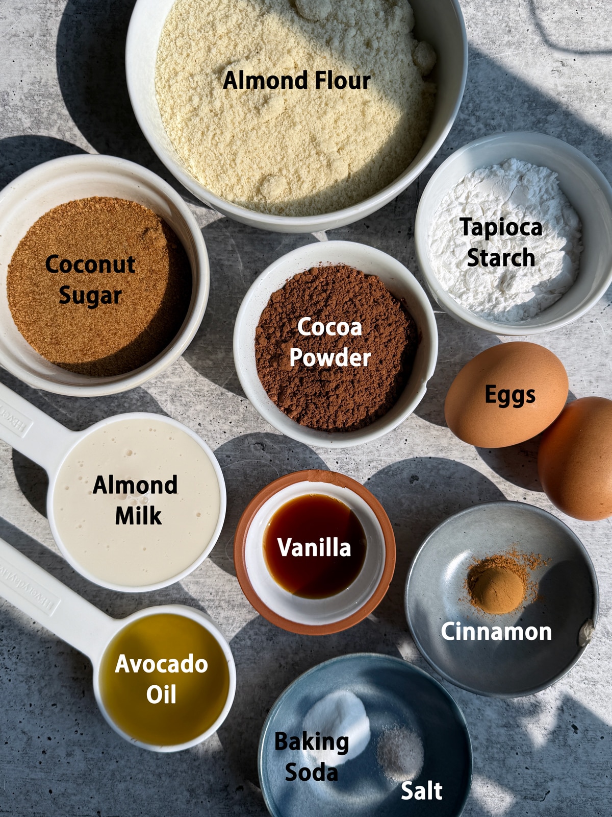 Ingredients needed to make paleo chocolate cupcakes.