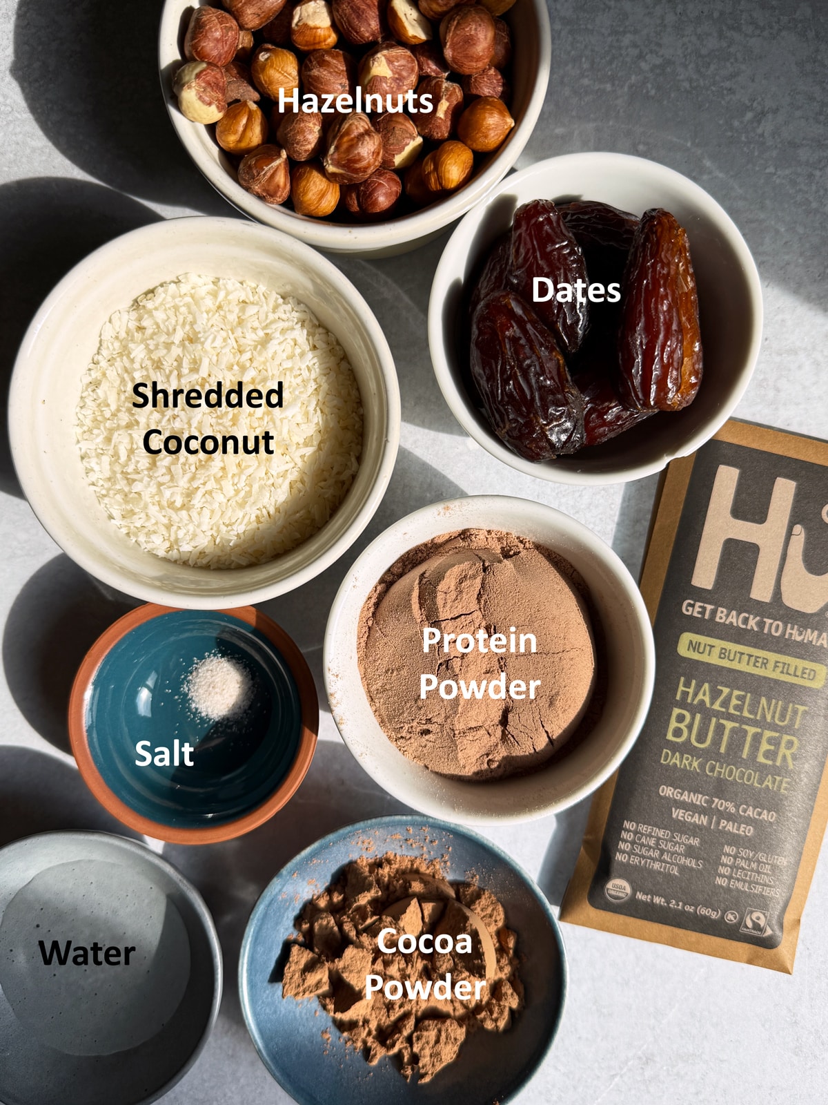Ingredients in chocolate hazelnut protein bars.