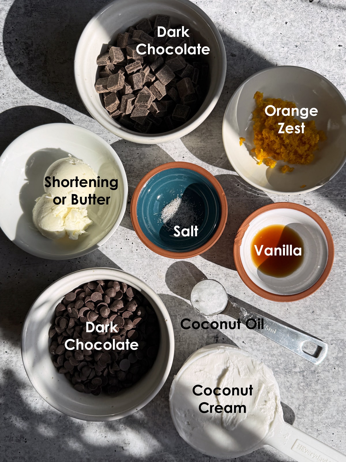 Ingredients needed to make dark chocolate orange truffles.