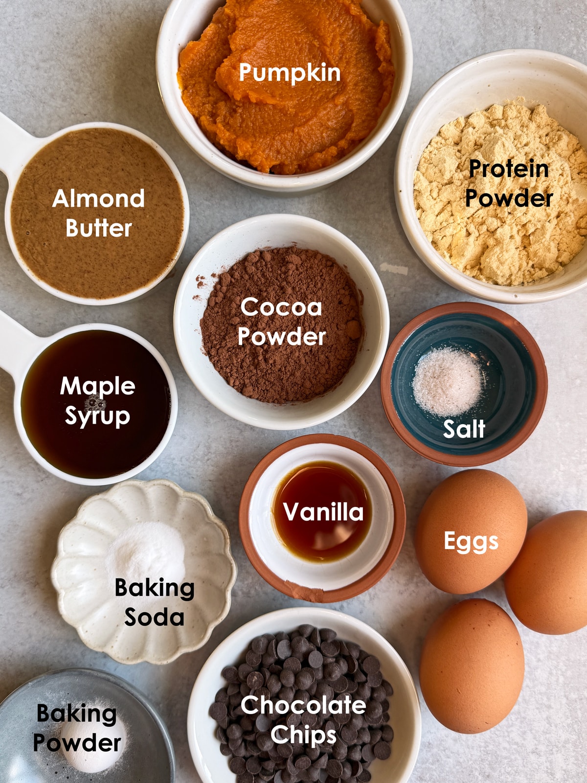 Ingredients needed to make flourless chocolate pumpkin protein muffins.
