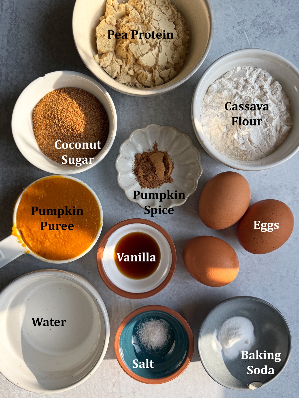 Ingredients needed to make paleo pumpkin protein muffins.