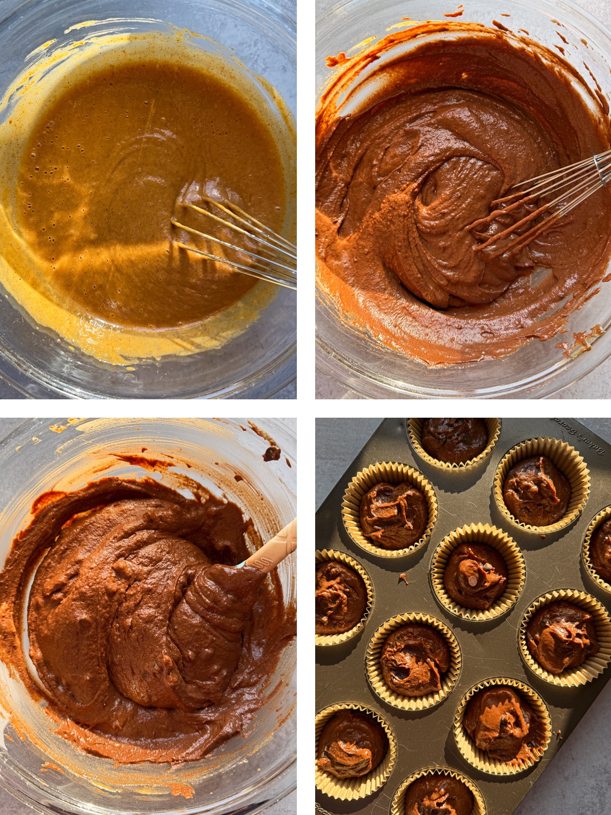 Step by step process for how to make chocolate pumpkin protein muffins.
