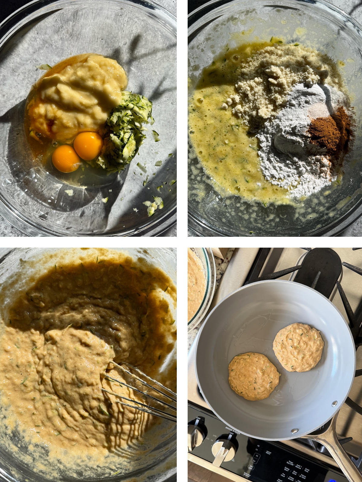Step by step for how to make paleo zucchini banana pancakes.
