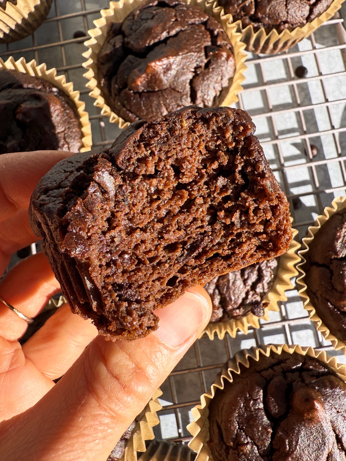 Holding a muffin with a bite out of it.