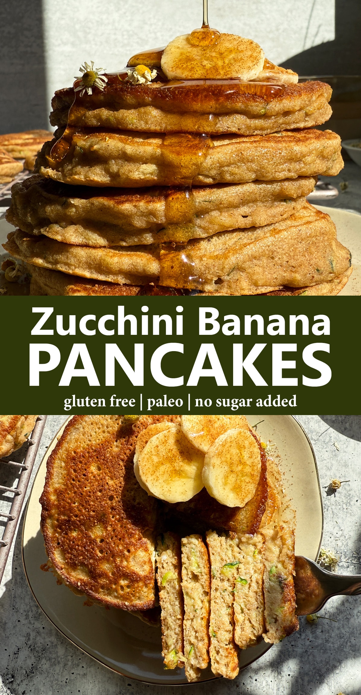 Pinterest image for zucchini banana pancakes.