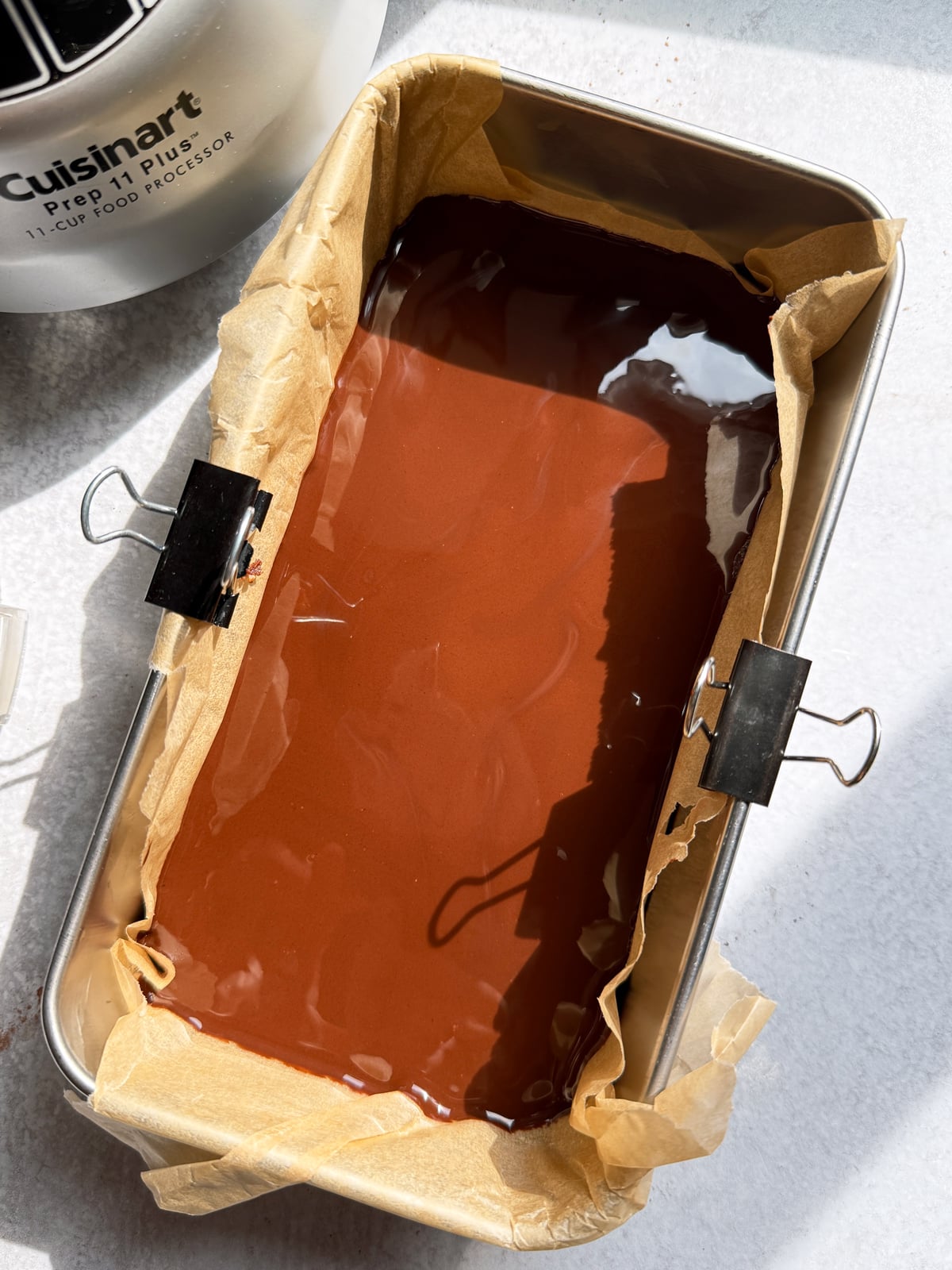 Bars in loaf pan, ready to chill in the fridge.