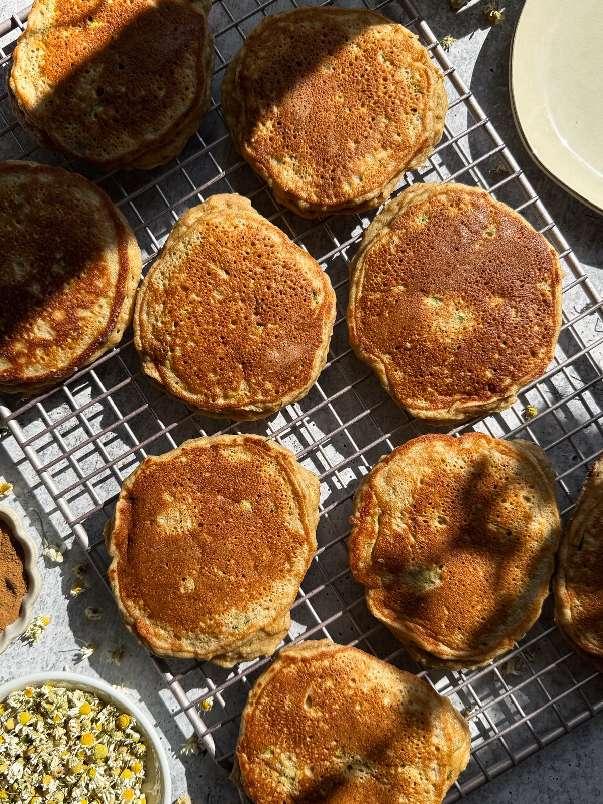 Pancakes on wire cooling rack.