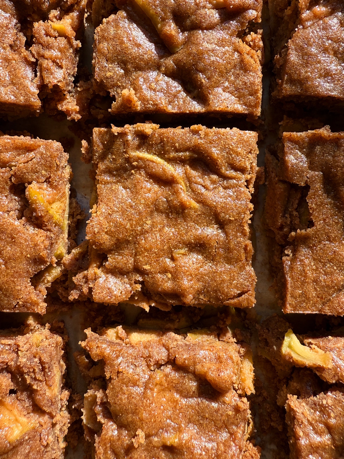 Baked and cut gluten free apple blondies.