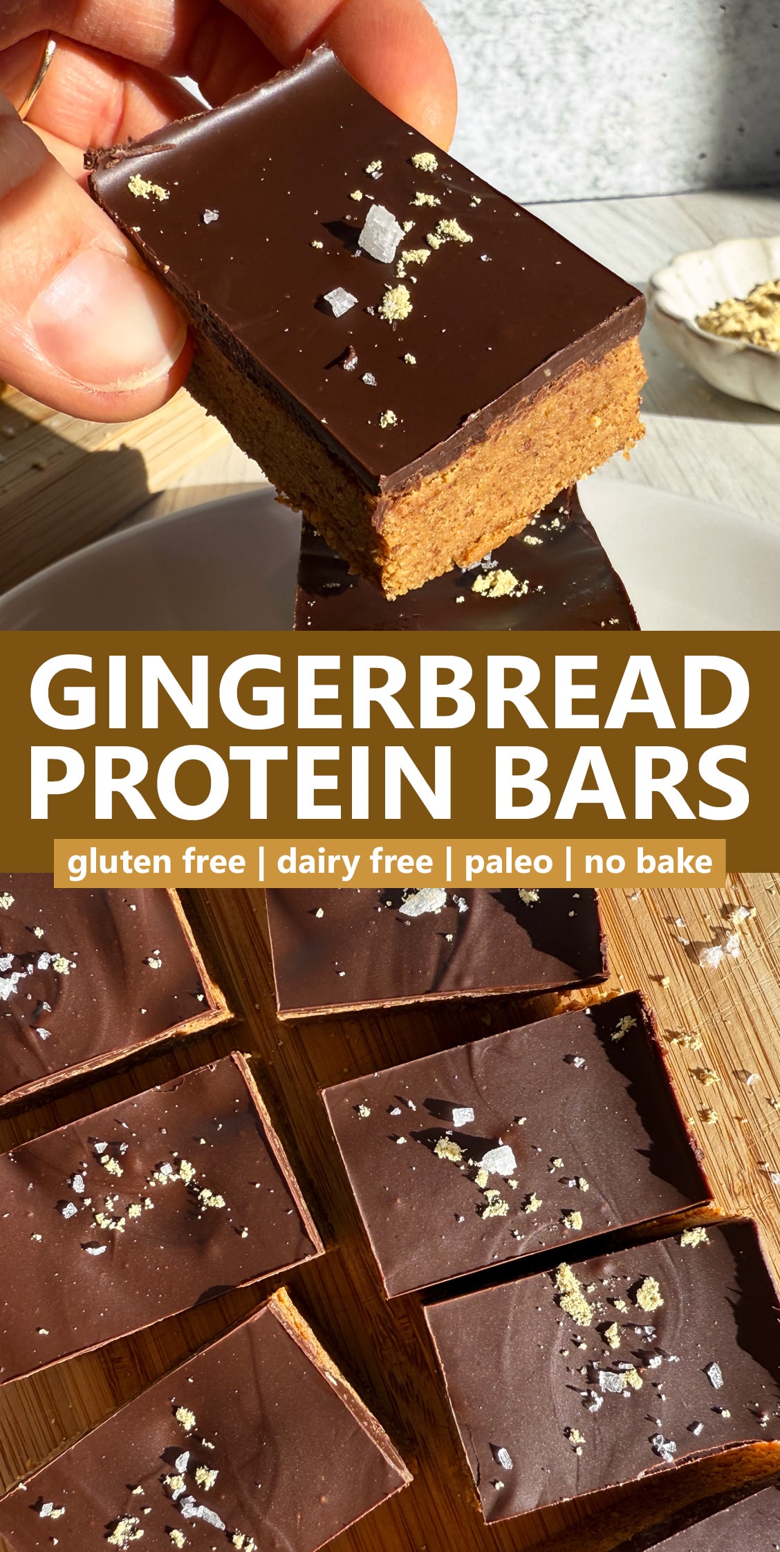 Pinterest image for gingerbread protein bars.