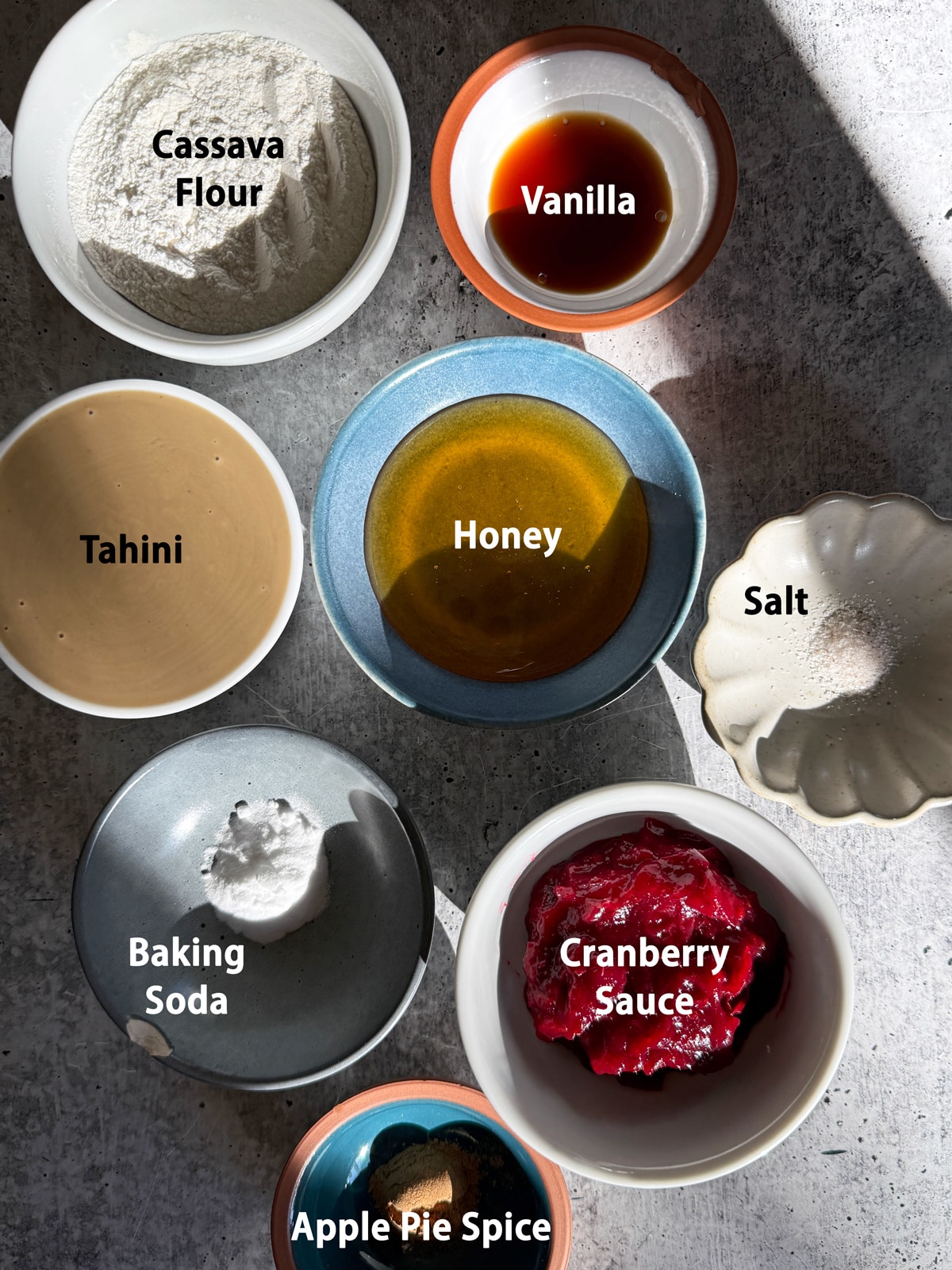 Ingredients needed to make healthy cranberry thumbprint cookies.