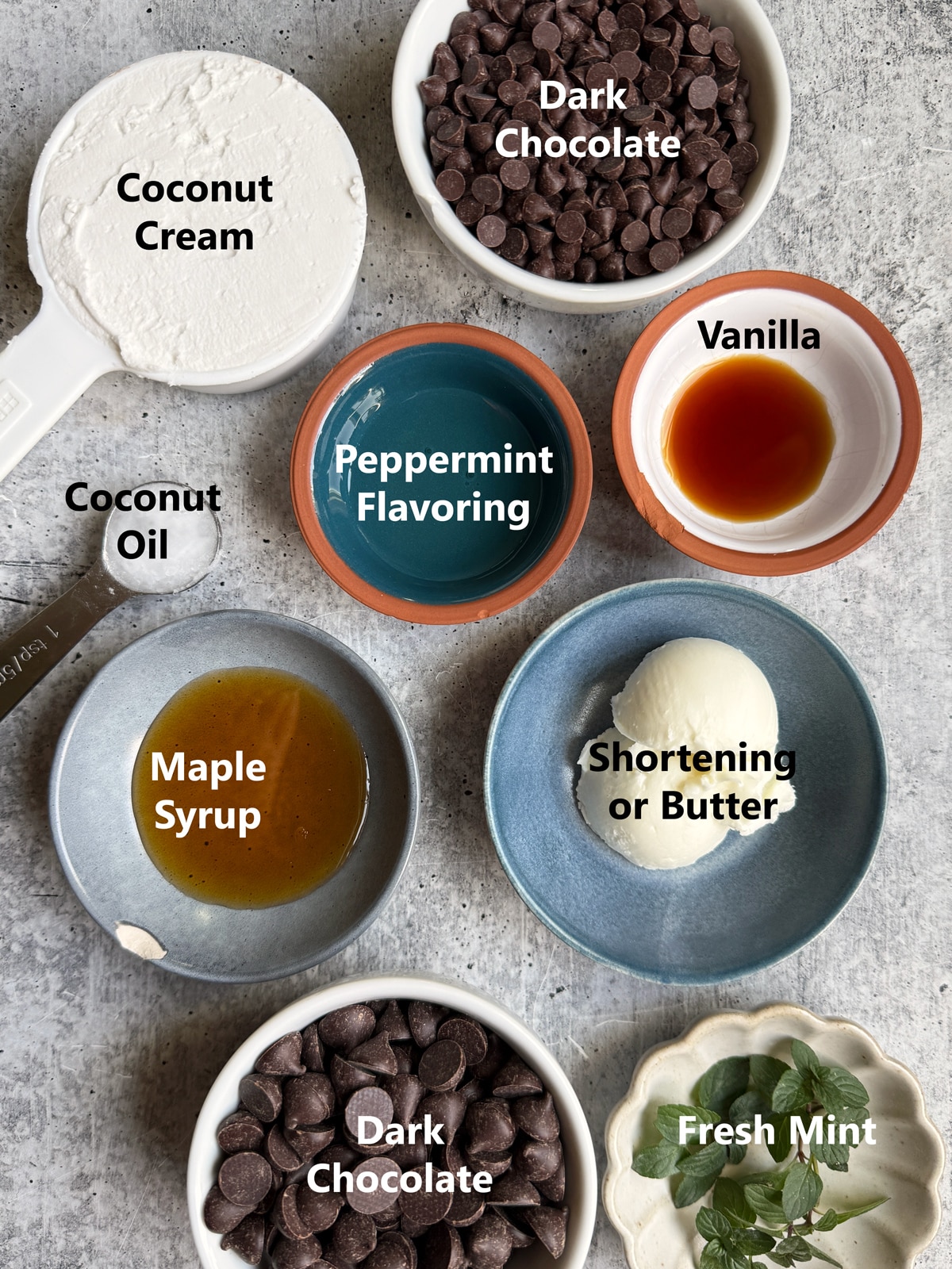 Ingredients needed to make mint chocolate truffles.