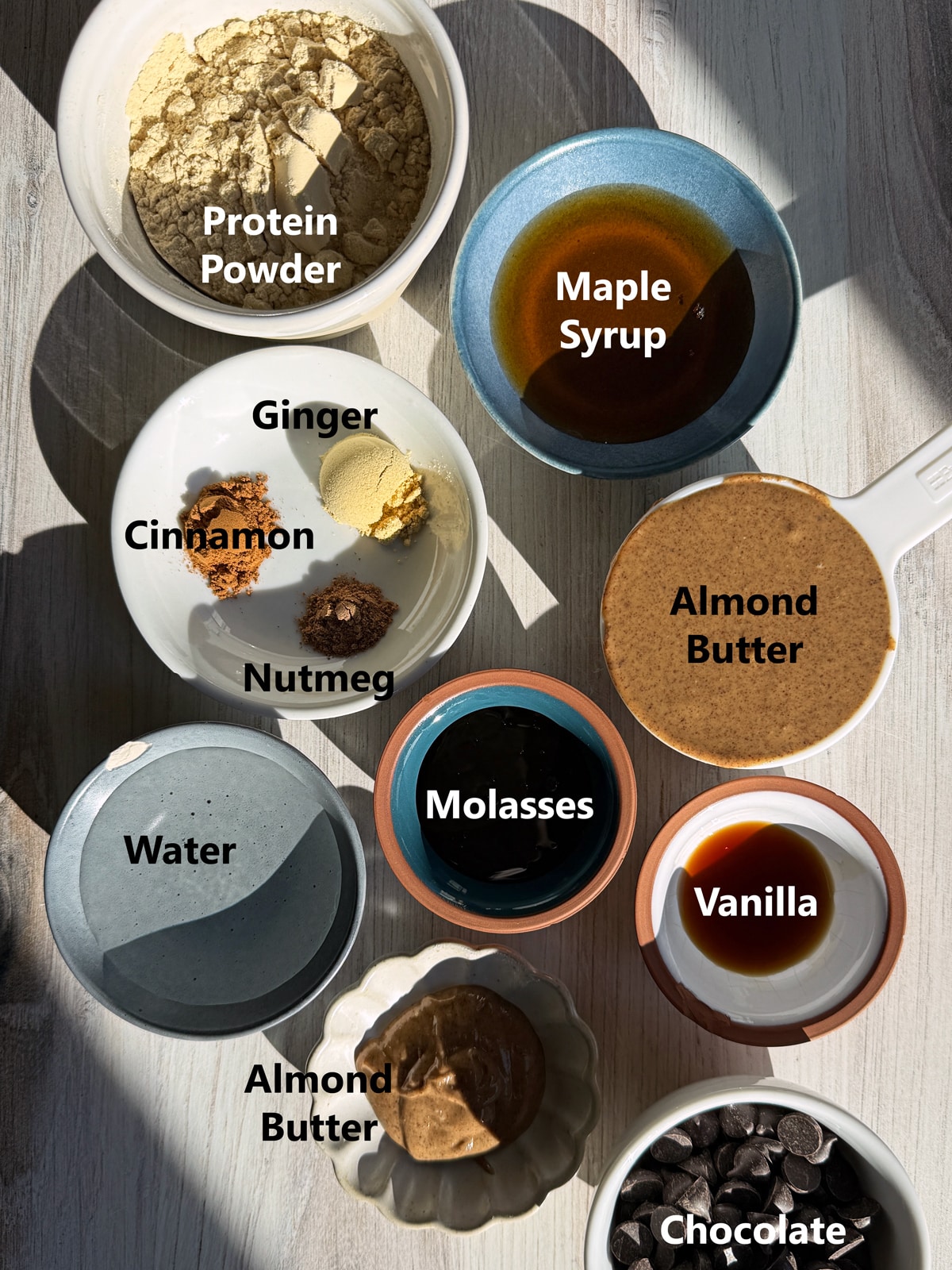 Ingredients needed to make gingerbread protein bars.