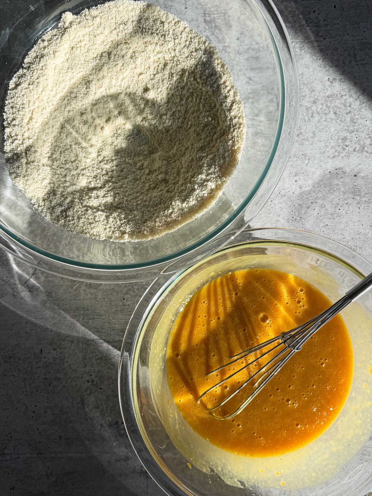 Dry ingredients in one bowl and wet in another.
