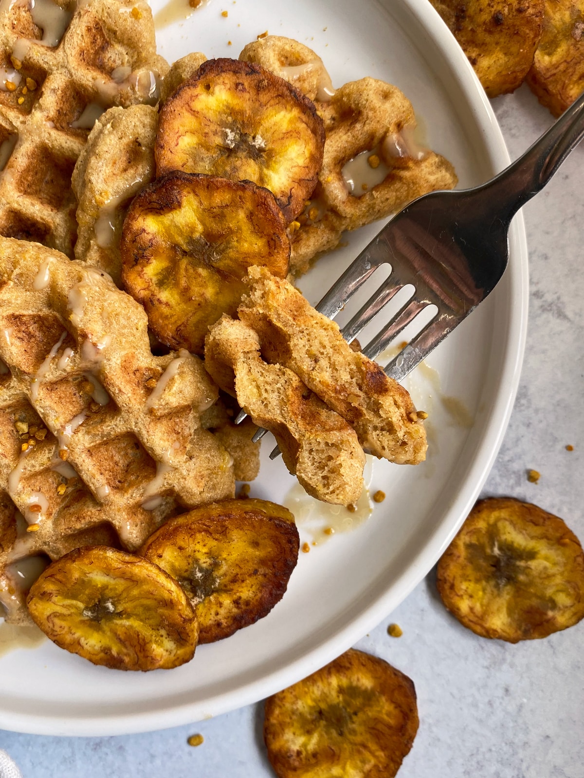Bite of a plantain waffle.