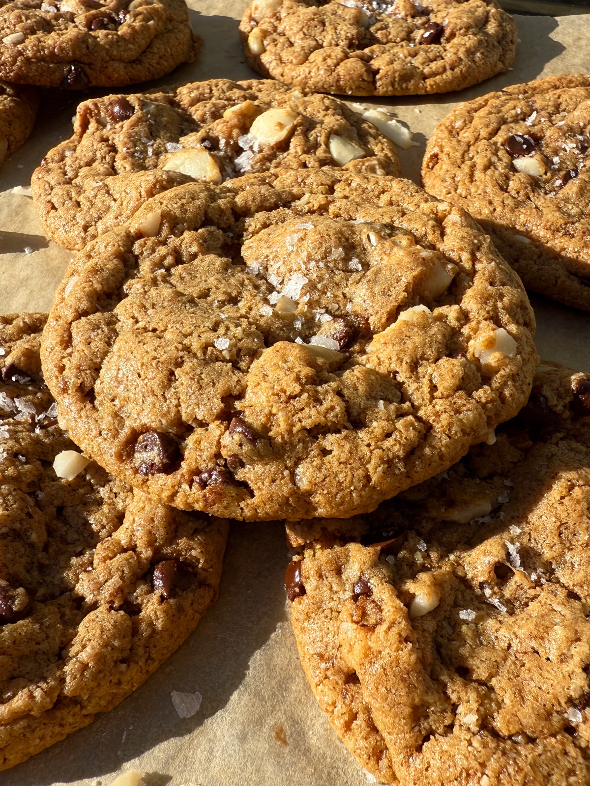 Paleo macadamia nut cookies topped with flaked salt.