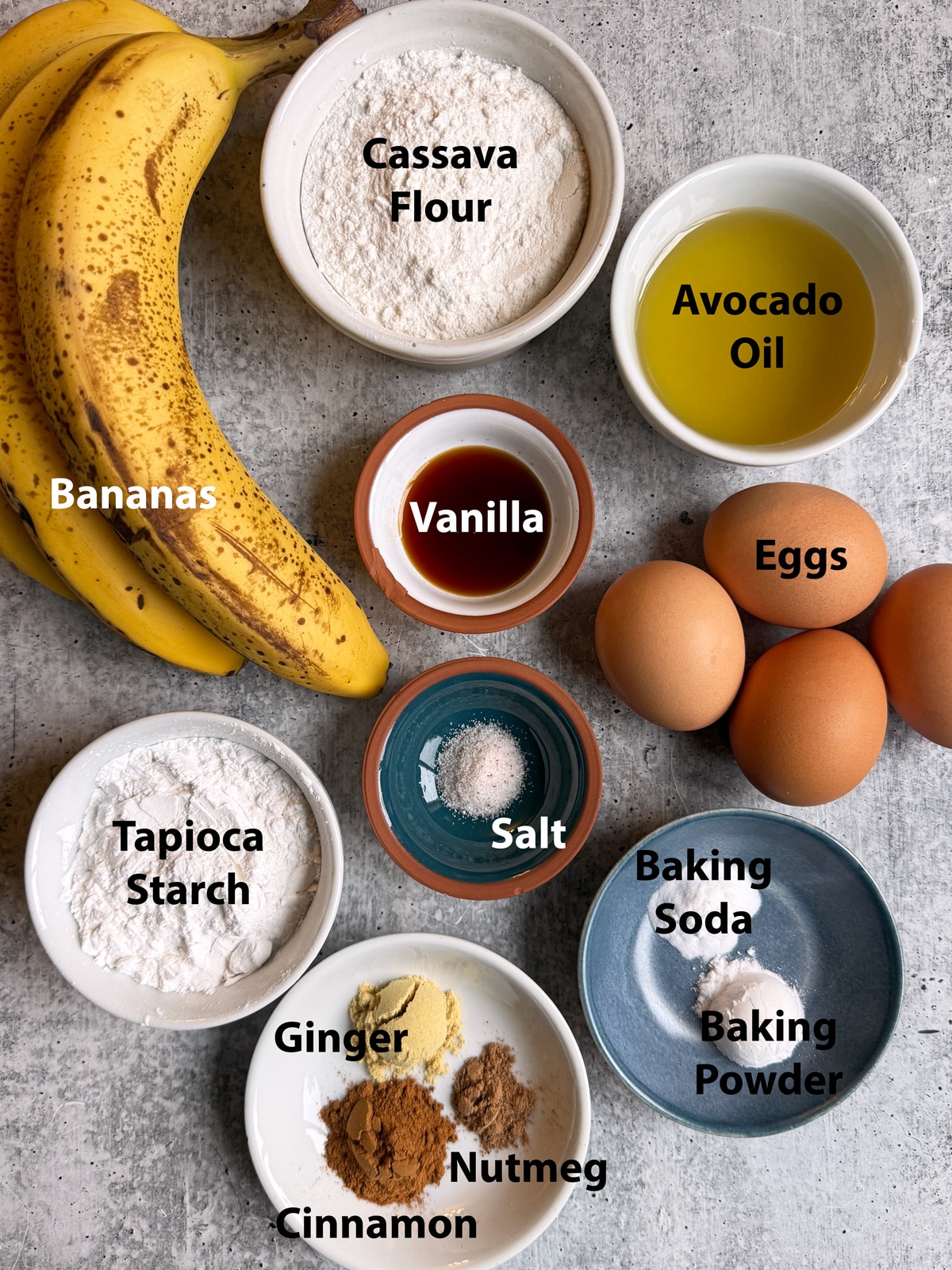 Ingredients needed to make paleo cassava flour banana bread.