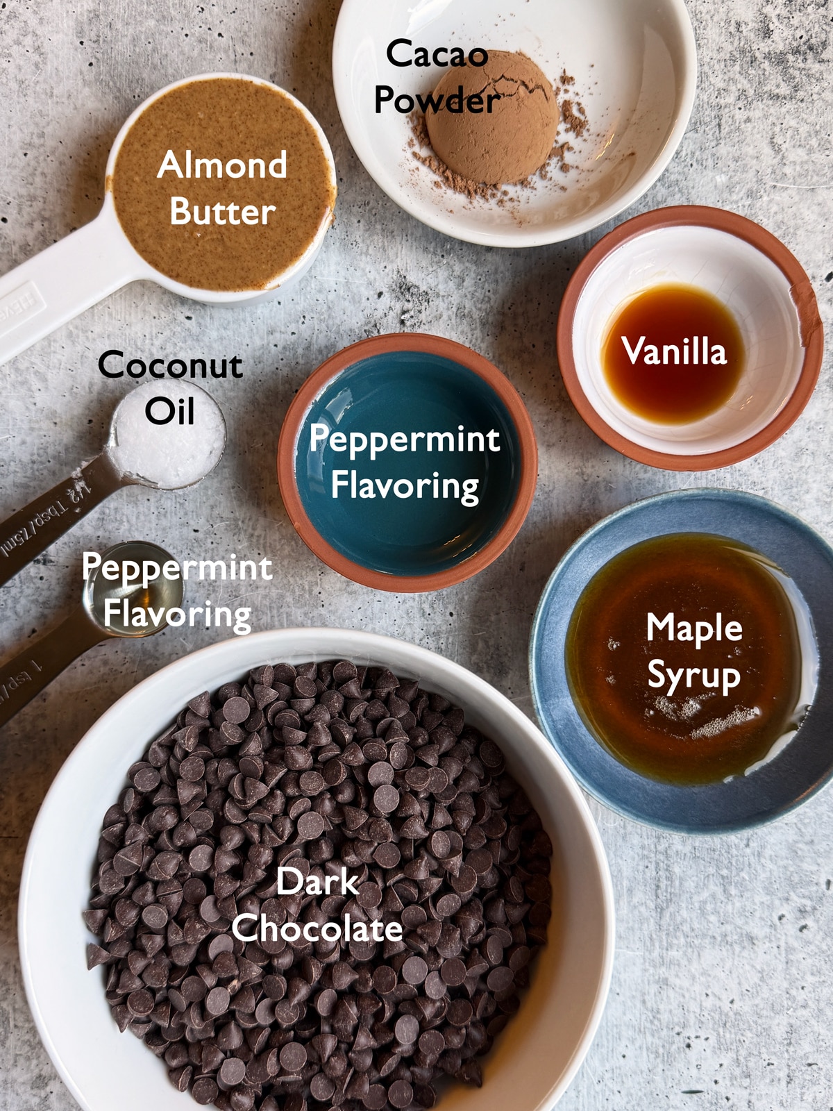 Ingredients needed to make your own mint chocolate almond butter cups.