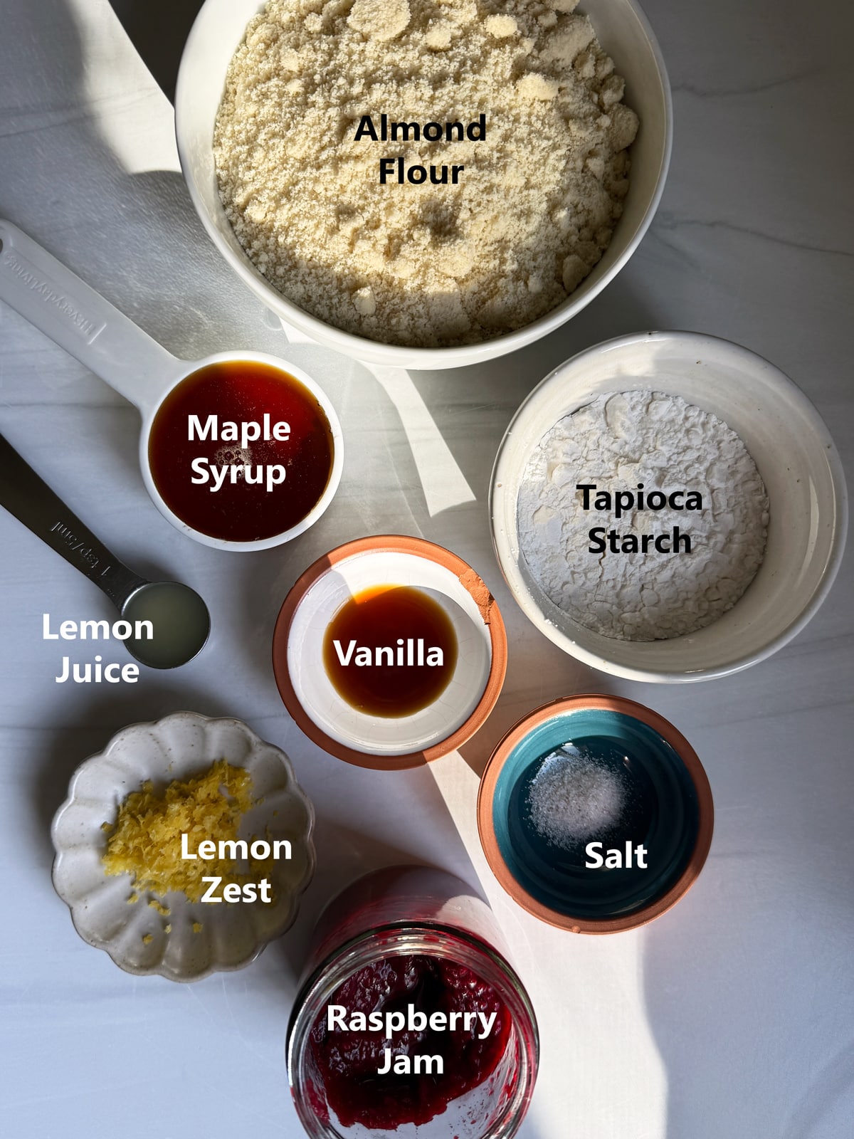 Ingredients in raspberry linzer cookies.