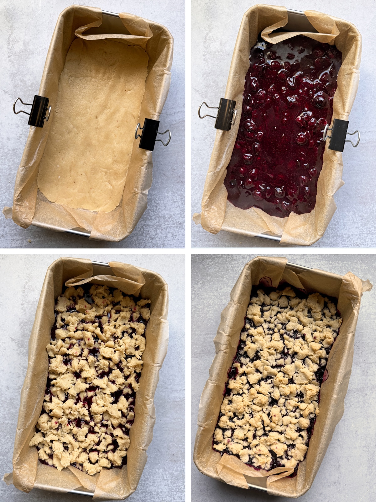 Assembling the blueberry bars.