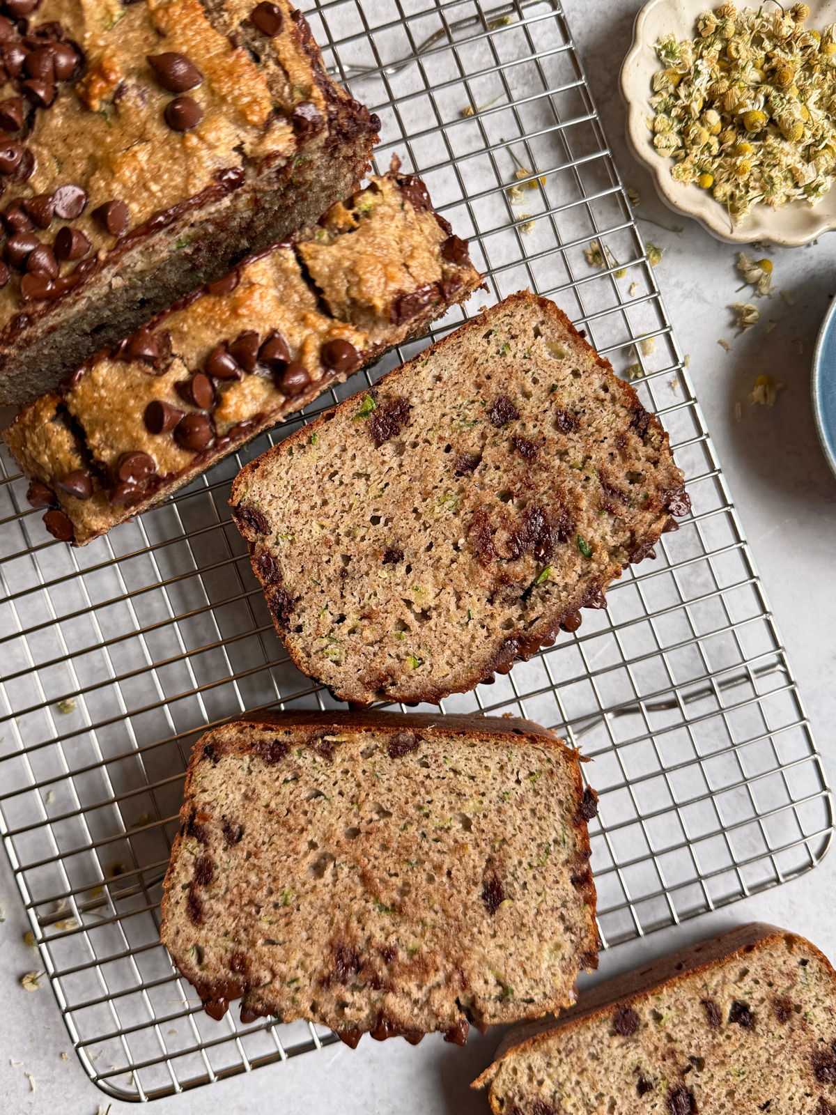 Slices of bread on wire cooling rack.