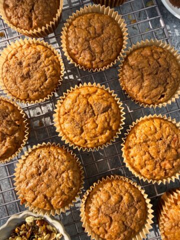 Top down view of baked carrot buckwheat muffins.