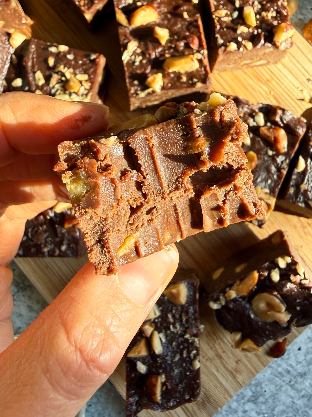 Bite of a piece of fudge.