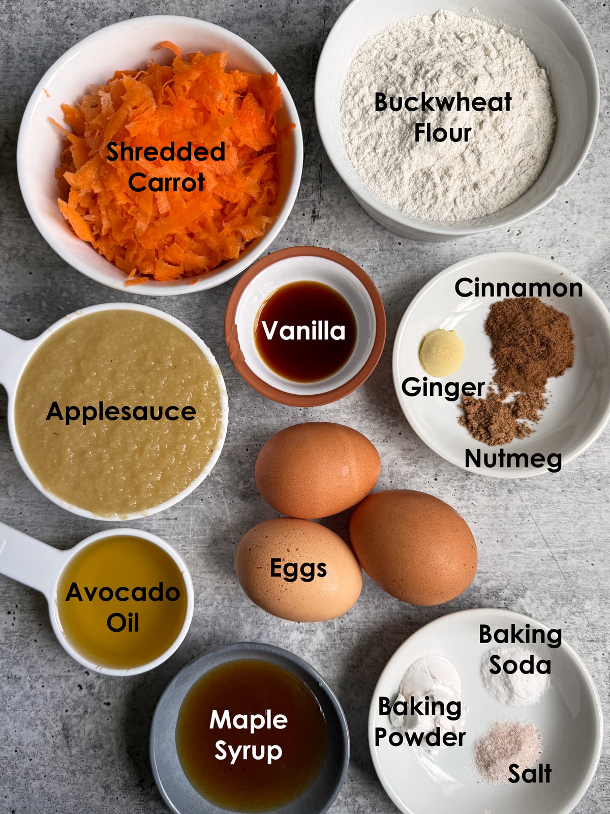 Ingredients needed to make carrot buckwheat muffins.