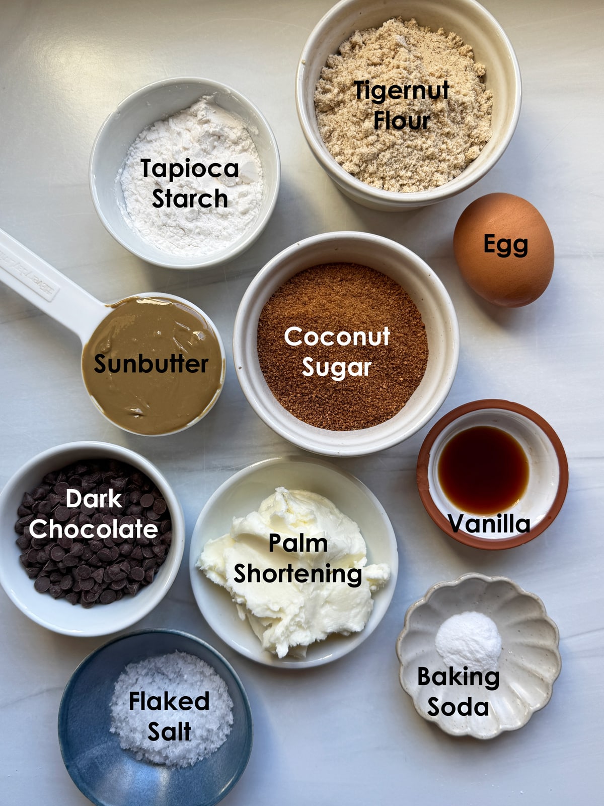 Ingredients needed to make chocolate chip sunbutter cookies.