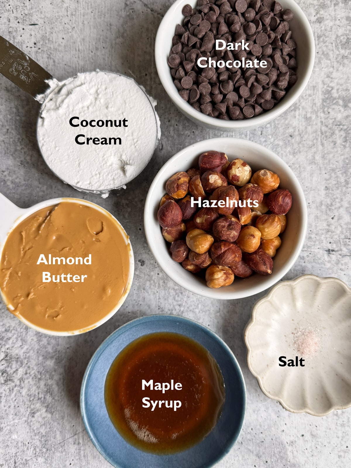 Ingredients needed to make dark chocolate hazelnut fudge.