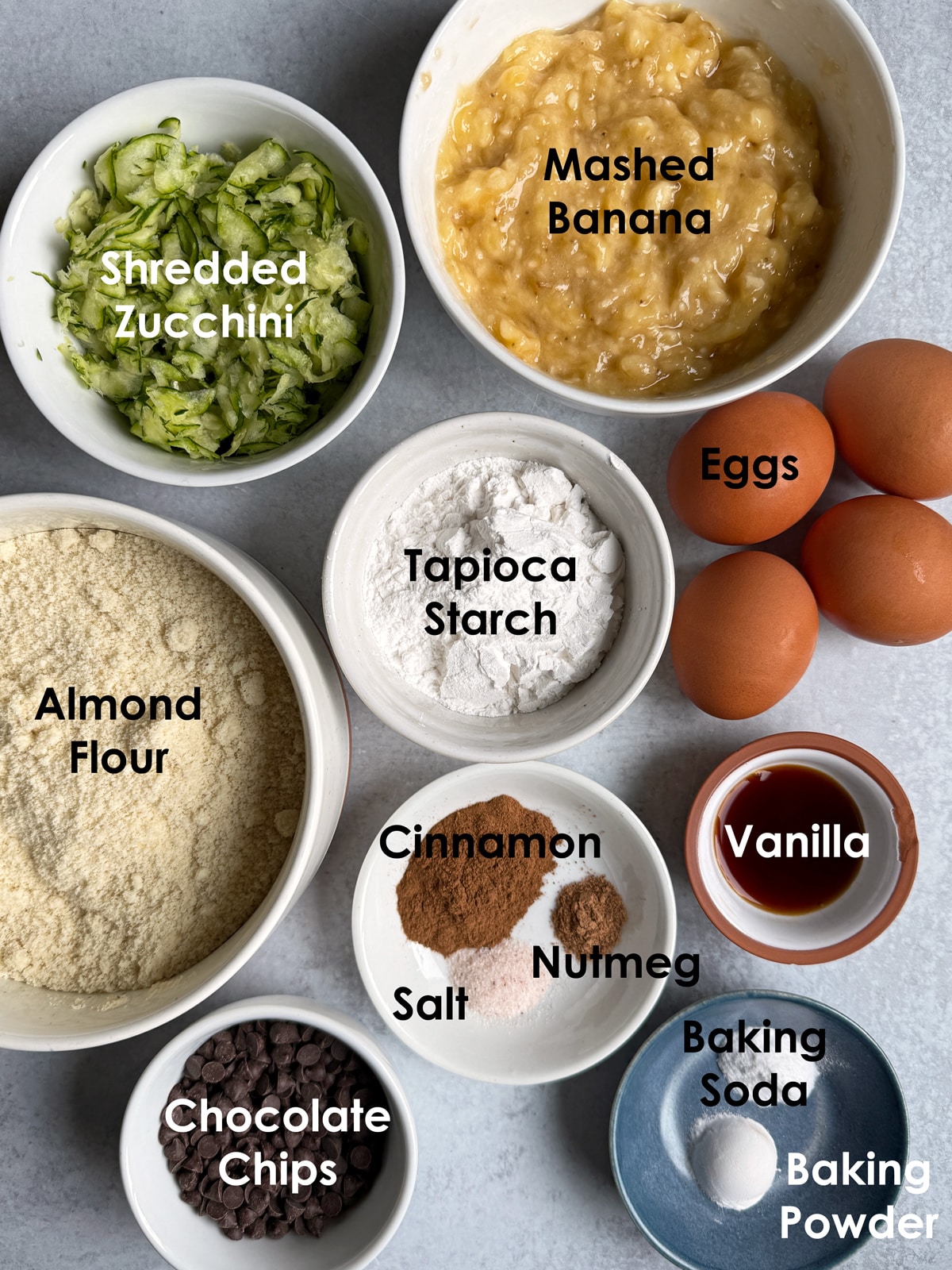 Ingredients needed to make paleo zucchini banana bread.