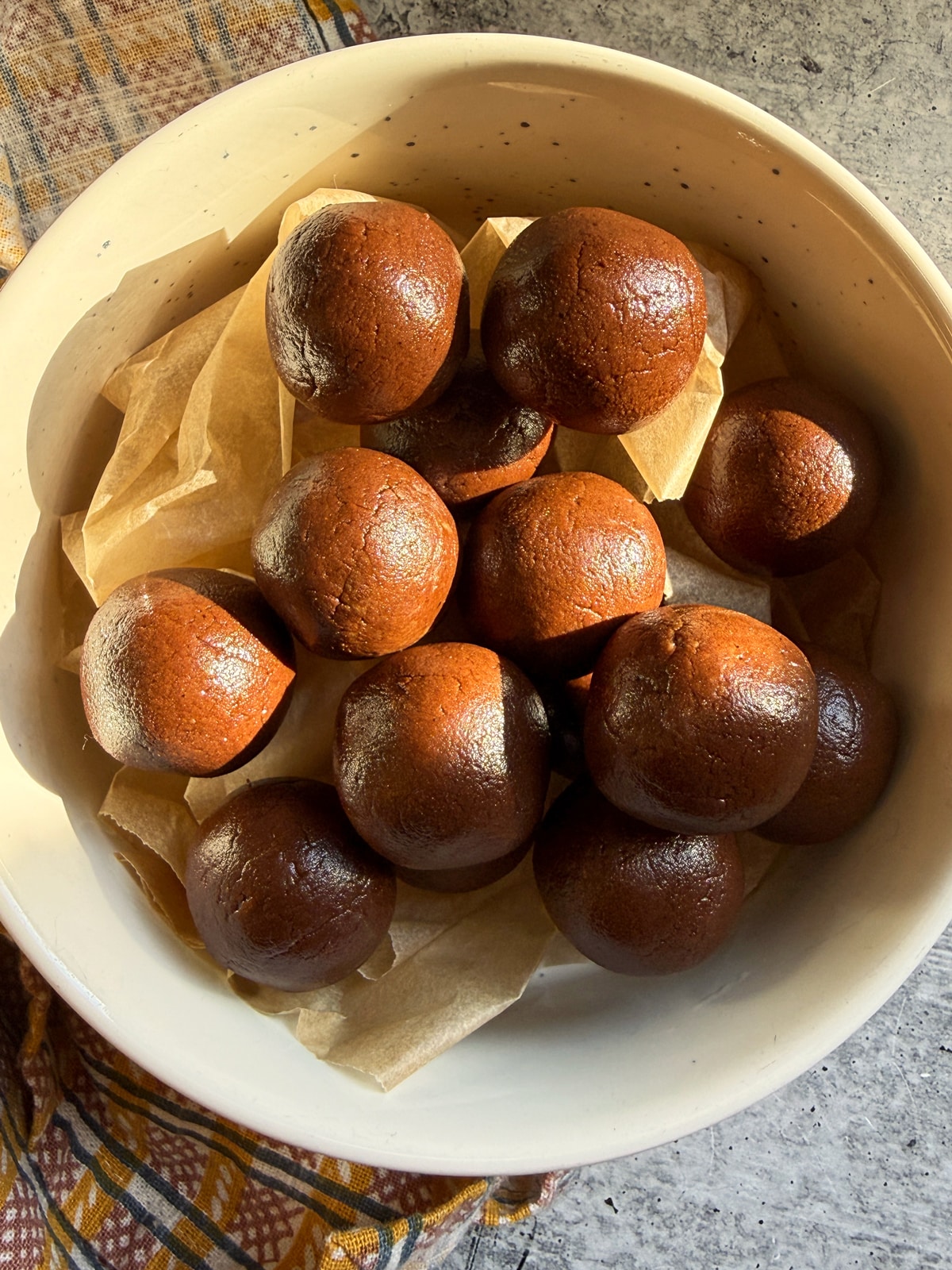 Sunbutter protein balls in bowl.